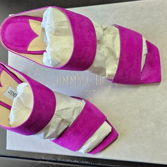 Jimmy Choo Hira Mule Sandals Magenta Suede Square Toe Stiletto Heels - Picture 6 of 16